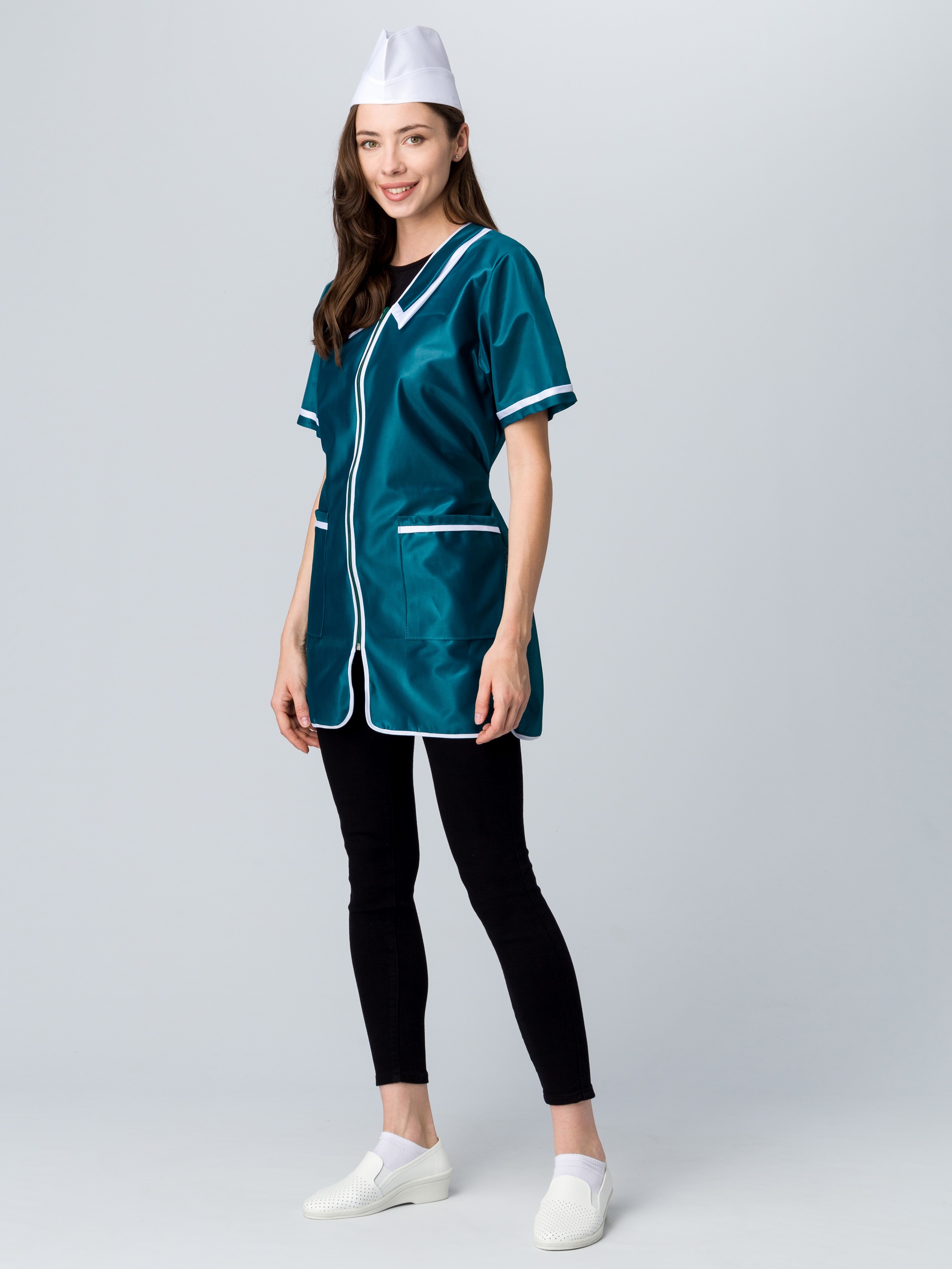 Халат женский на молнии короткий рукав (тк.Нейлон), зеленый