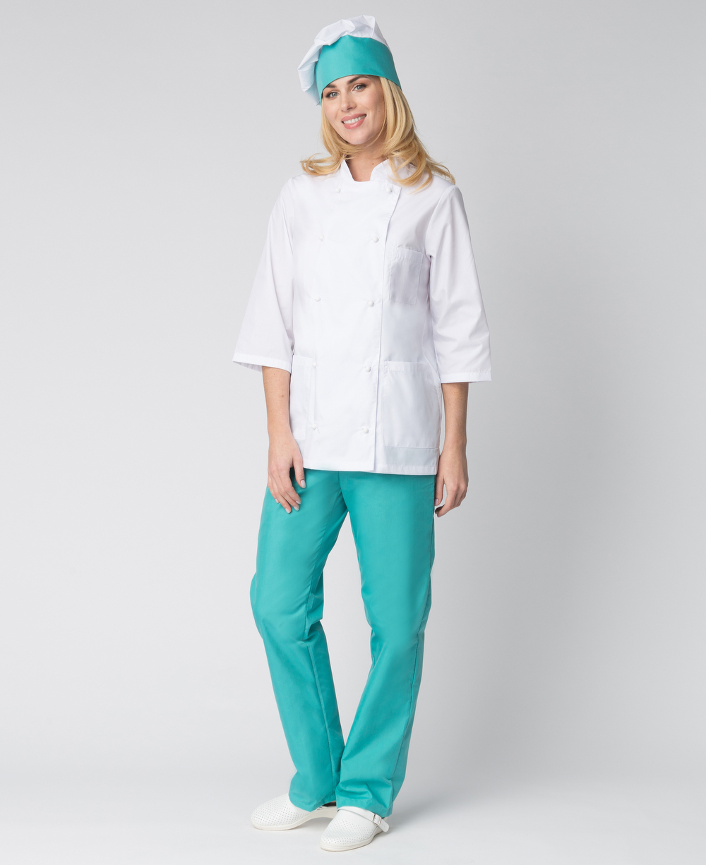 Костюм женский повара Шеф (тк.ТиСи), белый/бирюзовый